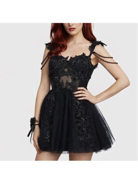 NWT Dollskill Unholy A Posh Evening sz M Black Lace Mesh Goth Mini Dress ballet